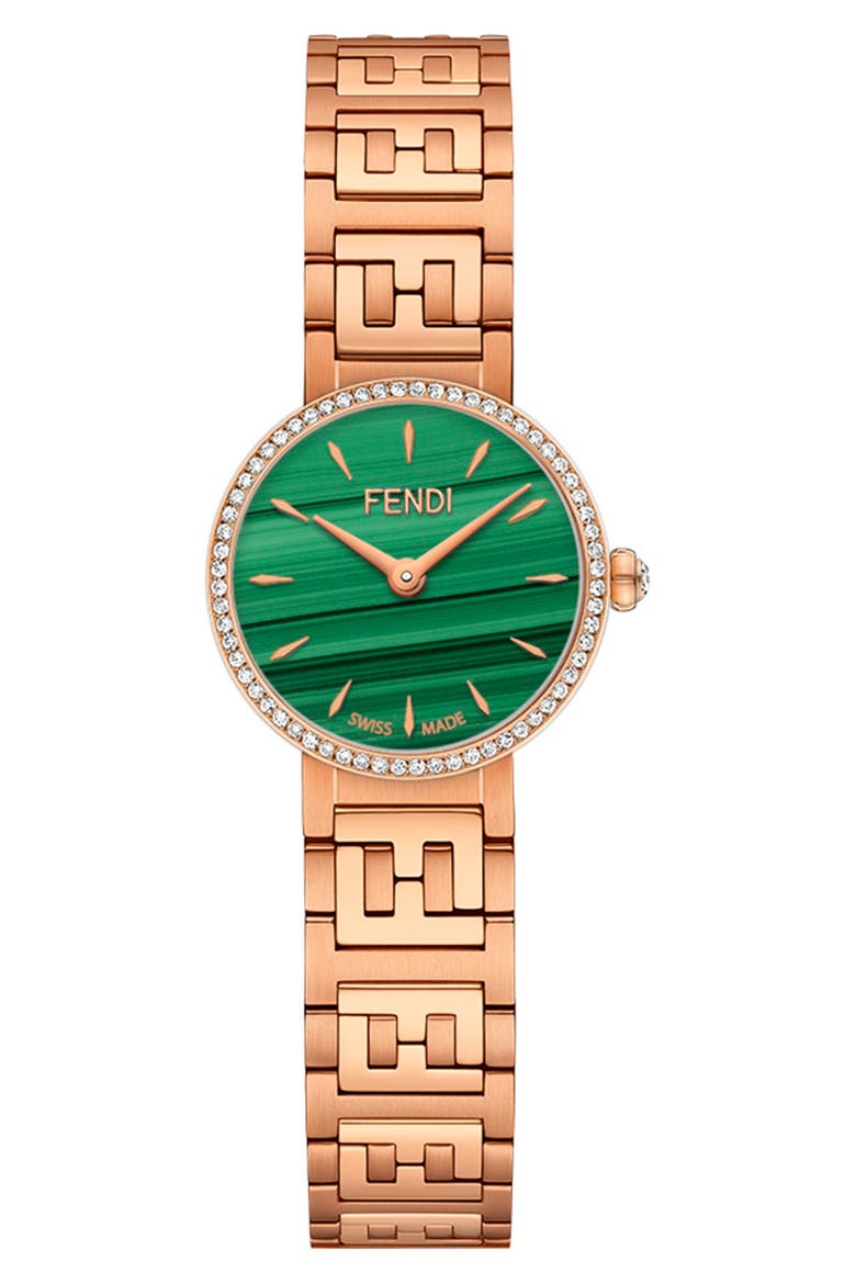 Forever Fendi Diamond Bracelet Watch, 19mm, Main, color, ROSE GOLD/ GREEN/ ROSE GOLD