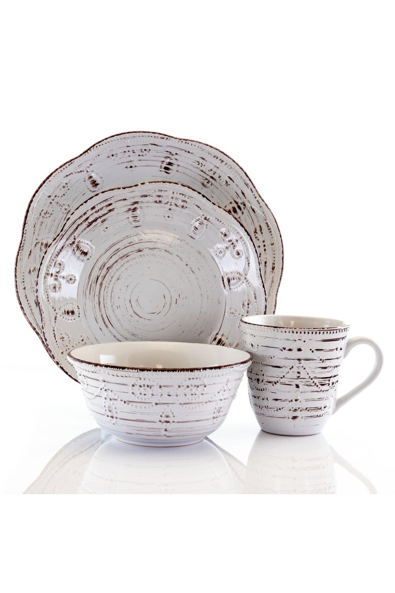 Rustic Birch 16 Piece Stoneware Round Dinnerware Set, Alternate, color, White