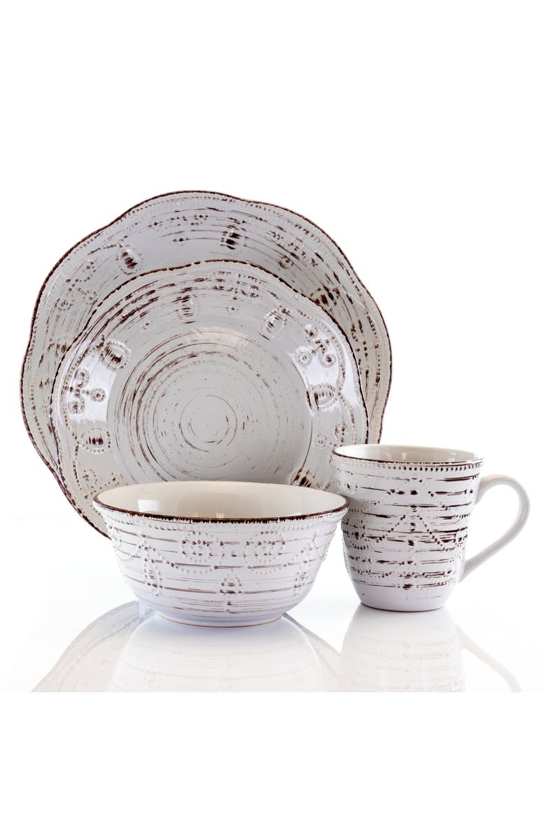 Elama Rustic Birch 16 Piece Stoneware Round Dinnerware Set, Alternate, color, White