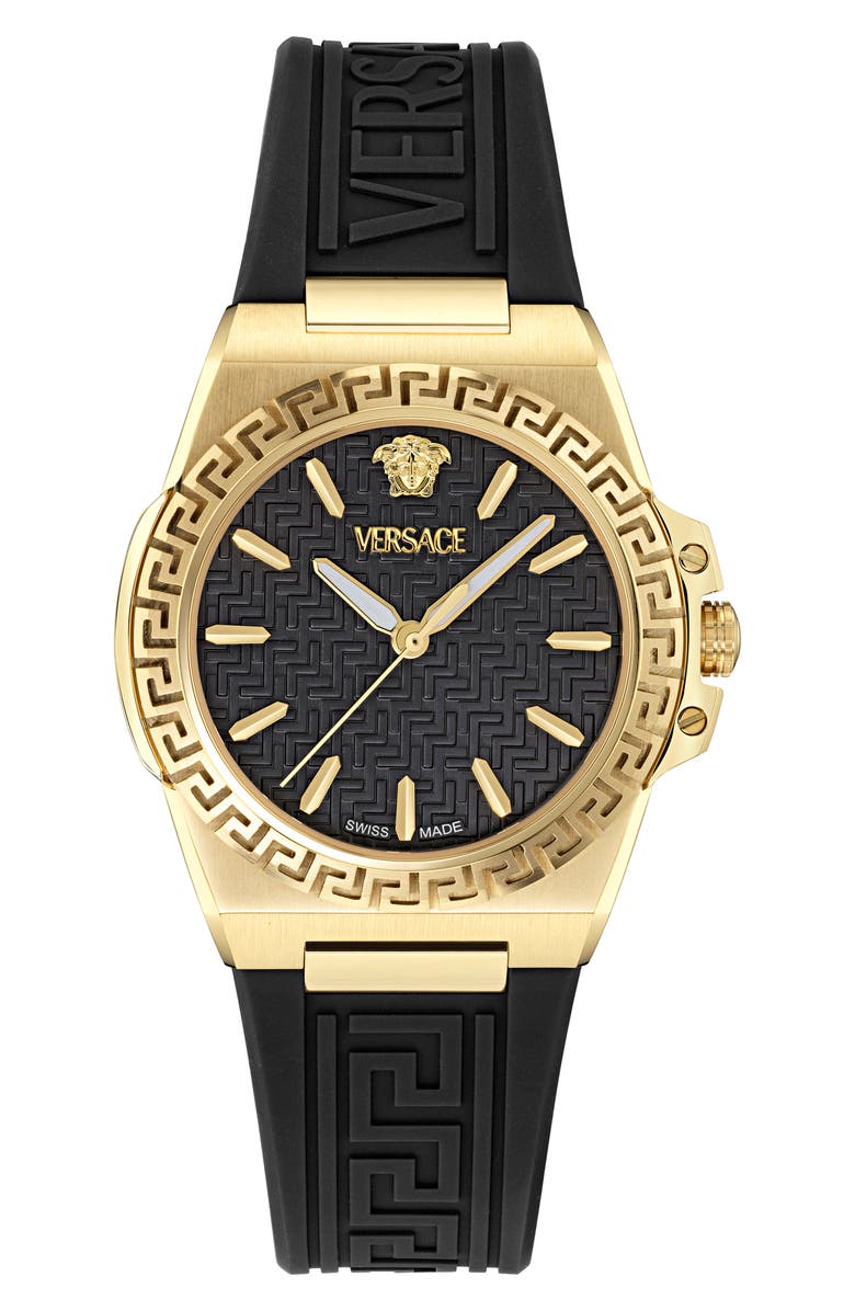 Versace Greca Reaction Recycled PU Strap Watch, 38mm, Main, color, Ip Yellow Gold