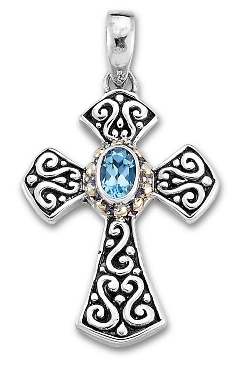 18K Gold & Sterling Silver Blue Topaz Filigree Cross Pendant, Main, color, BLUE