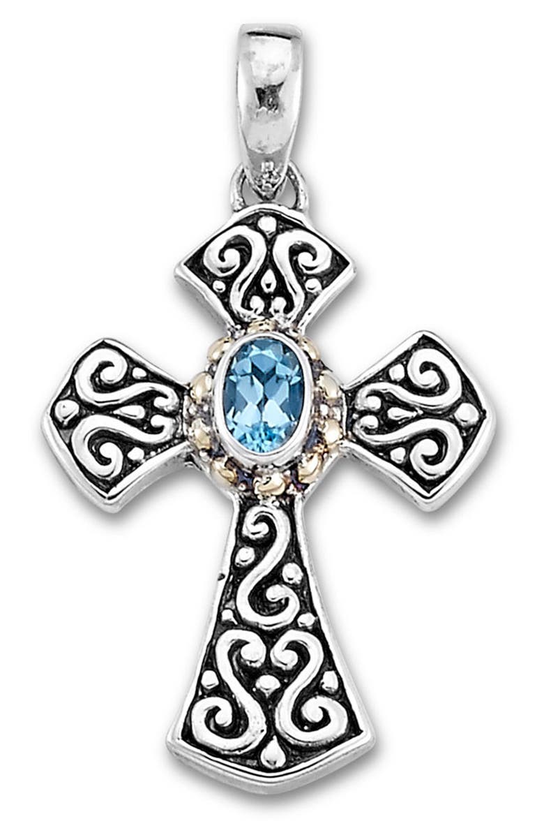SAMUEL B. 18K Gold & Sterling Silver Blue Topaz Filigree Cross Pendant, Main, color, Blue