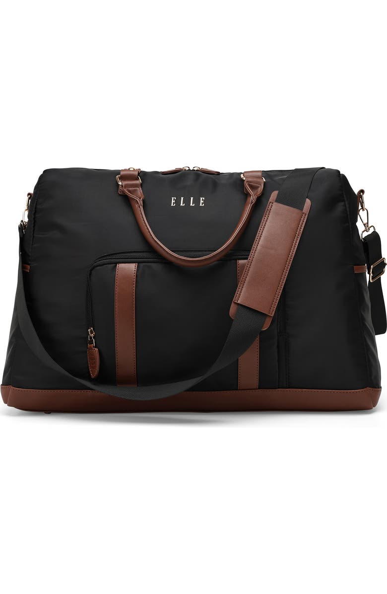 ELLE Luxe Journey 30L Twill and Vegan Leather Weekender Duffel Bag, Main, color, Black
