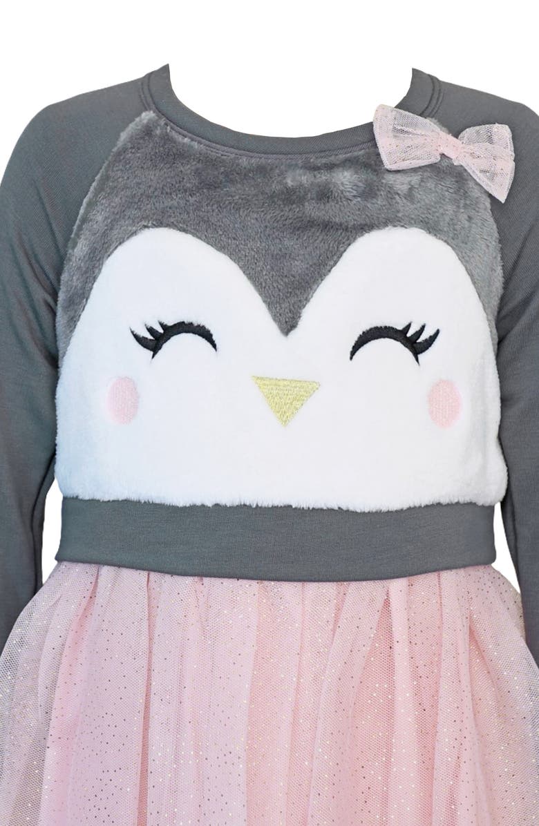 Zunie Kids' Penguin Embroidered Long Sleeve Plissé Dress, Alternate, color, Charcoal/ Blush