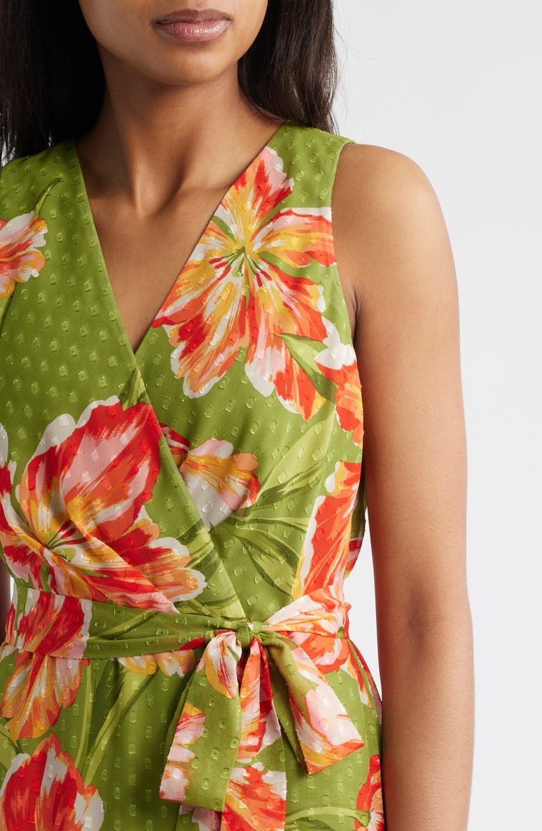 Anne Klein Floral Clip Dot High-Low Faux Wrap Dress, Alternate, color, Leafy Green Multi