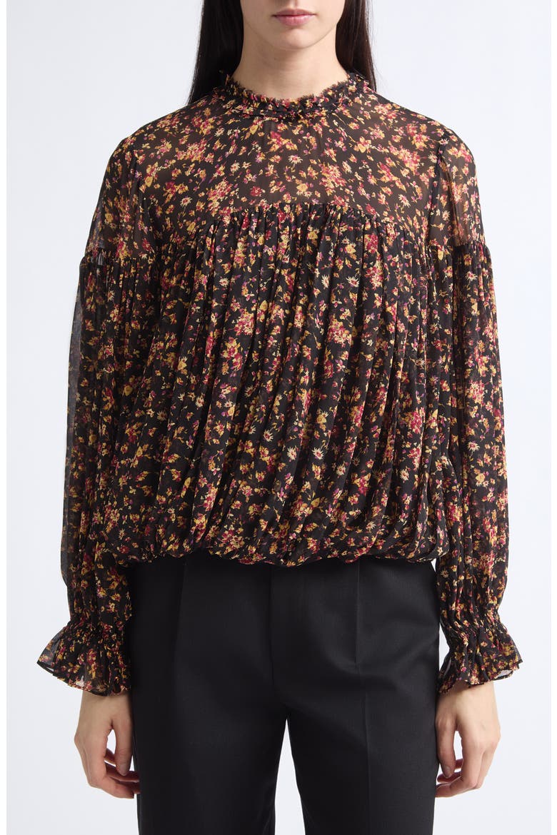 Pearl Long Sleeve Silk Chiffon Top, Main, color, NOIR MILLE- FLEUR