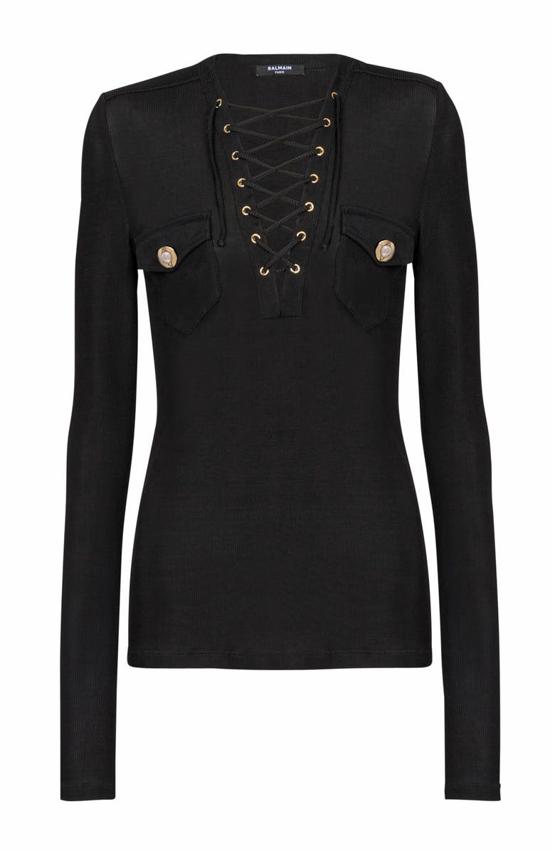 Balmain Long-Sleeved Lace-Up Top, Alternate, color, Black