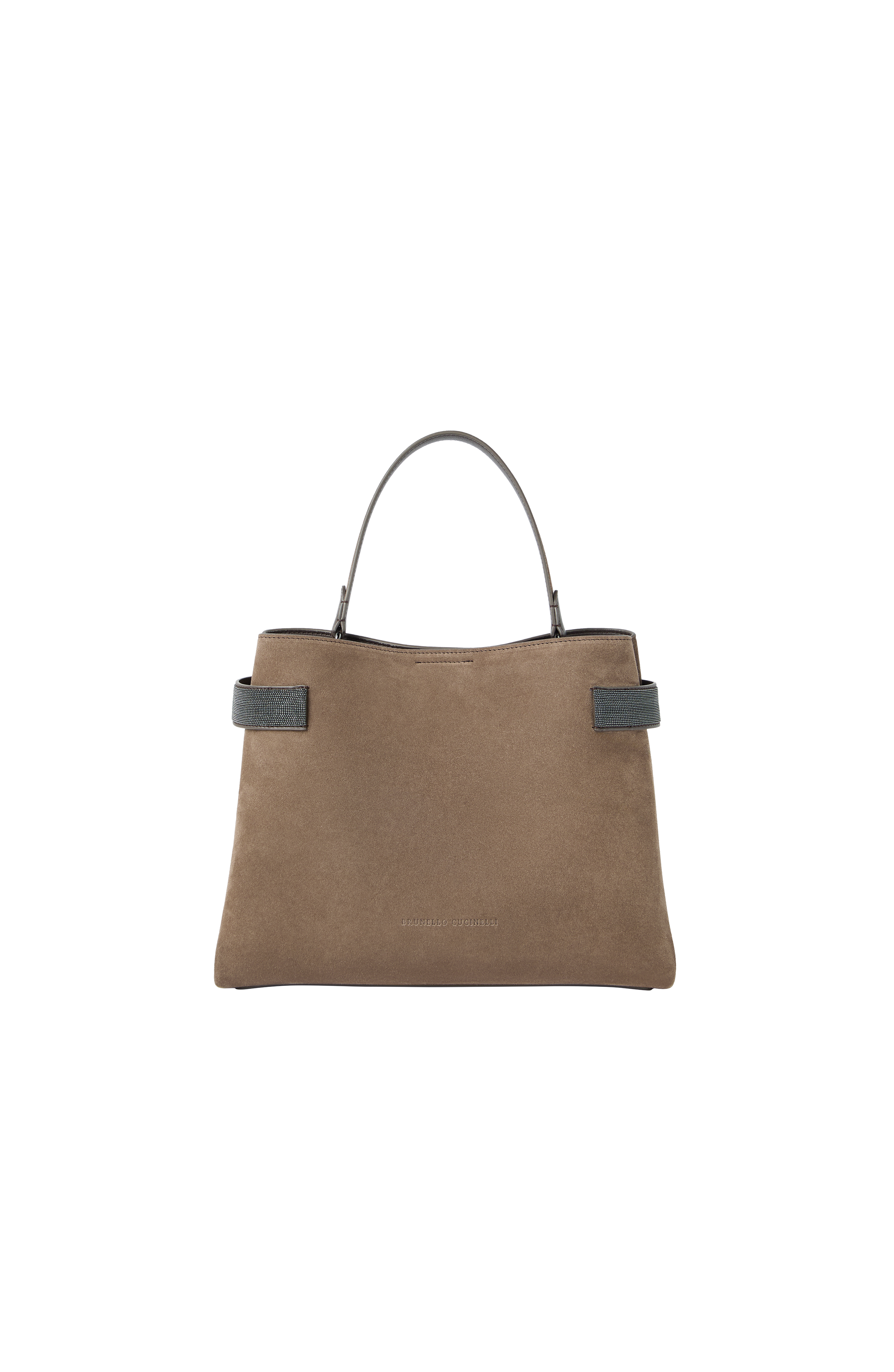 Essence top-handle bag in suede with precious bands, Alternate, color, Bark