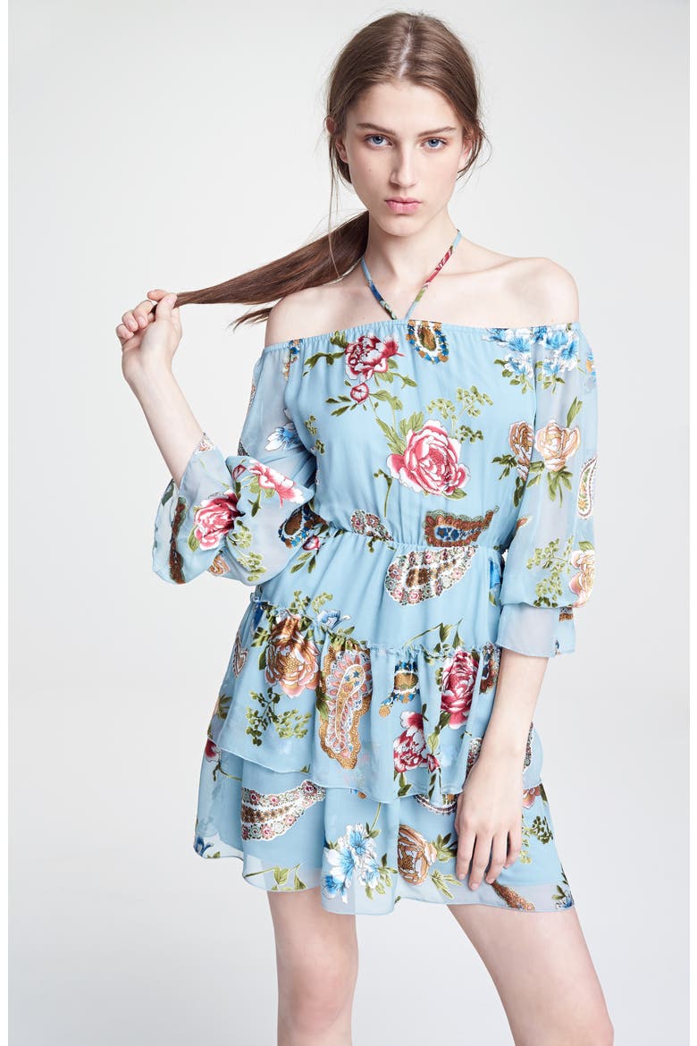Waylon Off the Shoulder Blouson Dress, Alternate, color, ICY AQUA/ MULTI