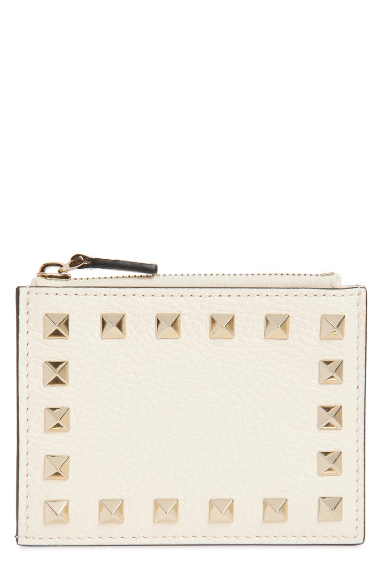Rockstud Leather Coin Card Case, Main, color, LIGHT IVORY
