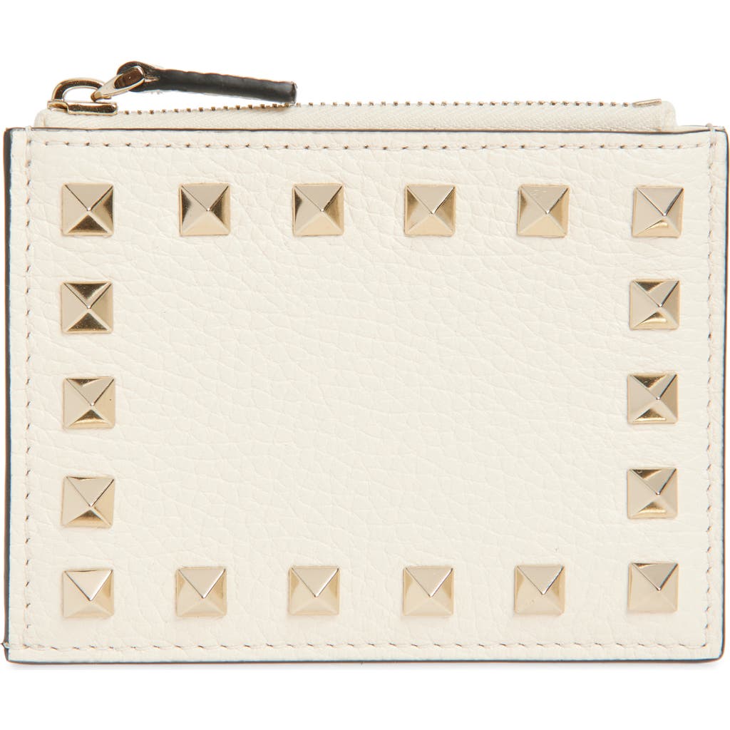 Valentino Garavani Rockstud Leather Coin Card Case In Light Ivory