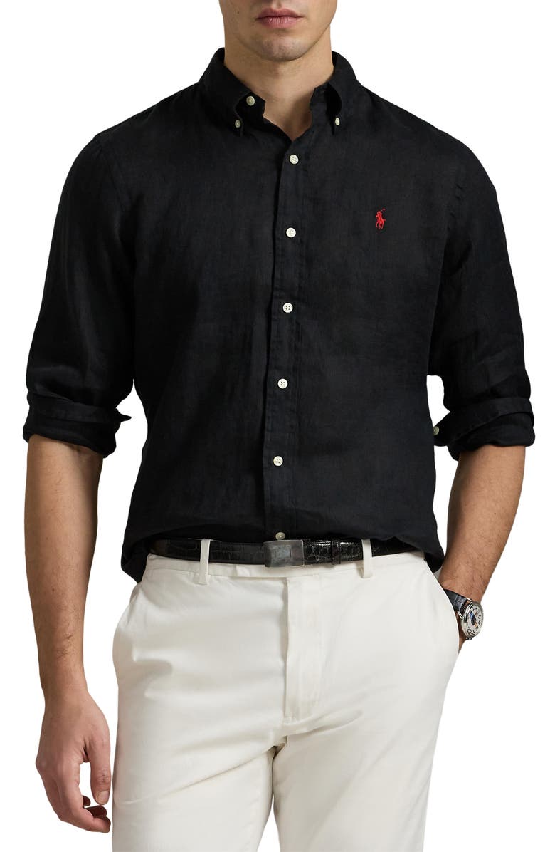 Polo Ralph Lauren Classic Fit Solid Black Linen Button-Down Shirt, Main, color, 
