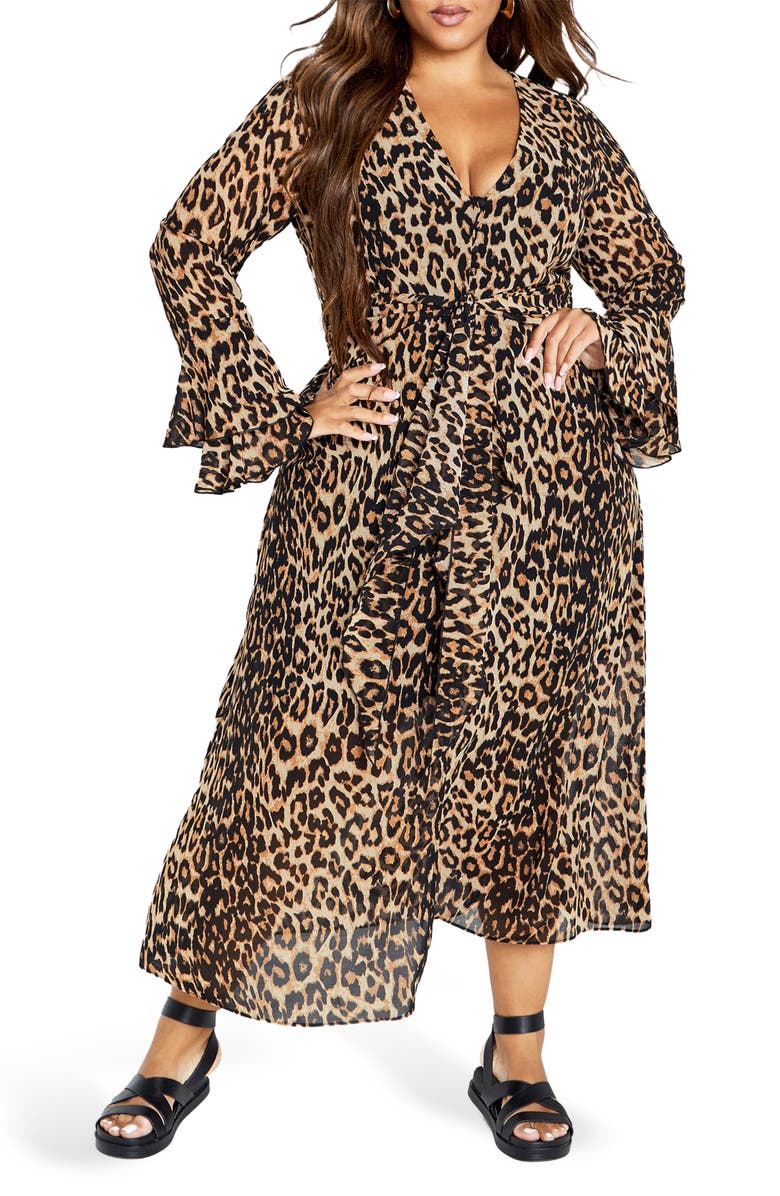 City Chic Carter Print Tie Waist Long Sleeve Maxi Dress, Alternate, color, Leopard
