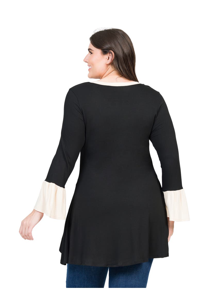 24seven Comfort Apparel Plus Size Black and Beige Bell Sleeve Hi Low  Tunic Top, Alternate, color, Black