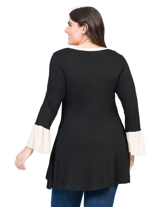 24seven Comfort Apparel Plus Size Black And Beige Bell Sleeve Hi Low  Tunic Top In Blue