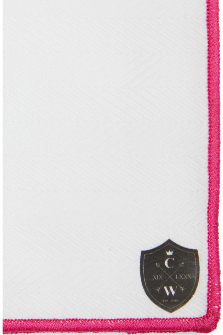 White Cotton Herringbone Pocket Square with Fuchsia Trim, Alternate, color, FUCHSIA