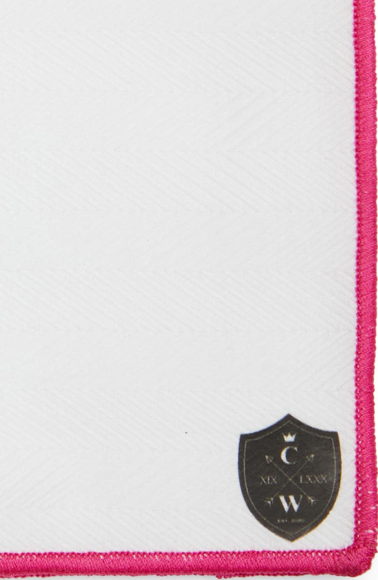 CLIFTON WILSON White Cotton Herringbone Pocket Square with Fuchsia Trim, Alternate, color, Fuchsia