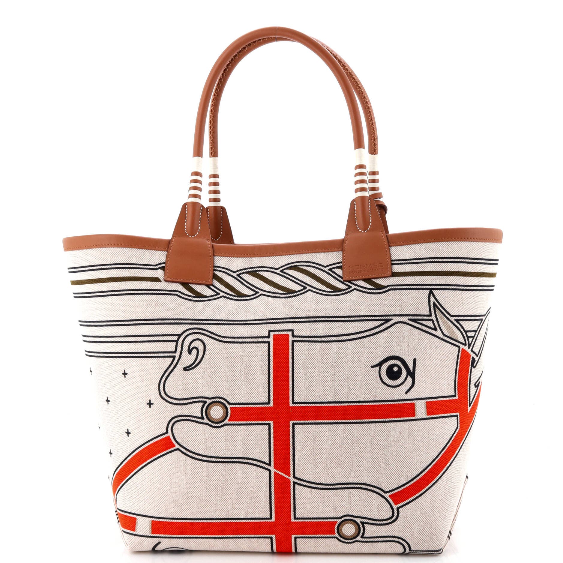 Pre-Owned Hermes Sac Steeple Tote Printed Toile with Leather 28, Alternate, color, Gold