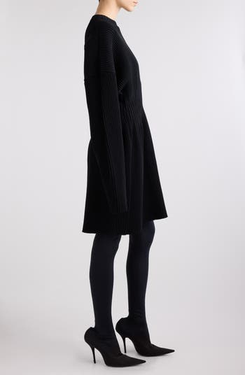 Balenciaga Hourglass Long Sleeve Rib Sweater Dress Black