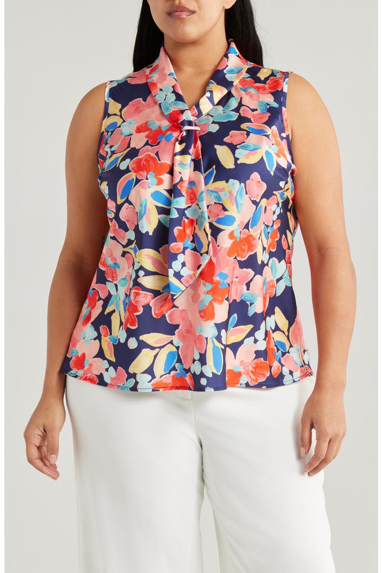 Floral Sailor Tie Neck Sleeveless Top, Main, color, NAVY CORAL FLORAL