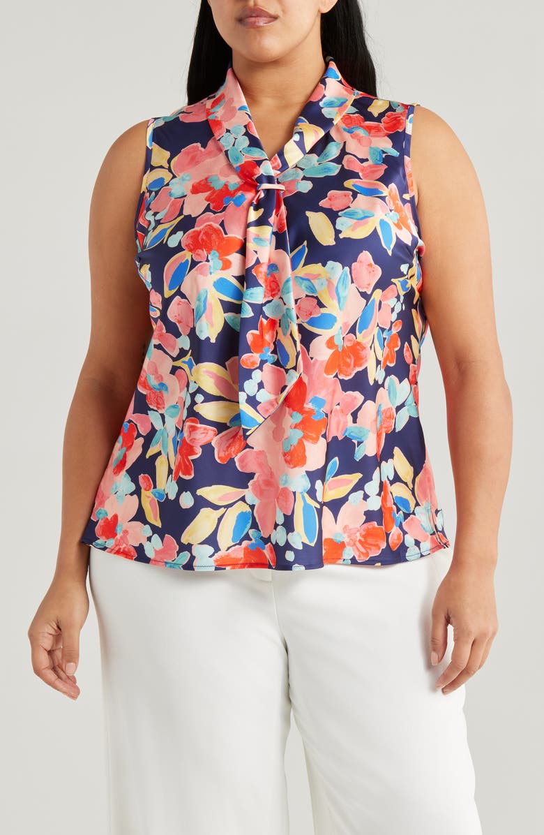 Tahari ASL Floral Sailor Tie Neck Sleeveless Top, Main, color, Navy Coral Floral