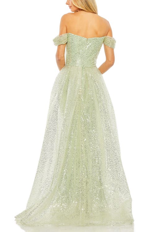 Mac Duggal Off The Shoulder Sequin Panel Train Gown In Sage