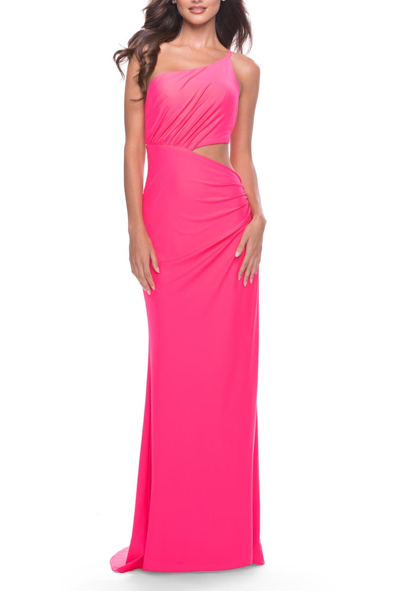One Shoulder Dress with Side Cut Out and Unique Back in Bright Colors, Alternate, color, Neon Pink