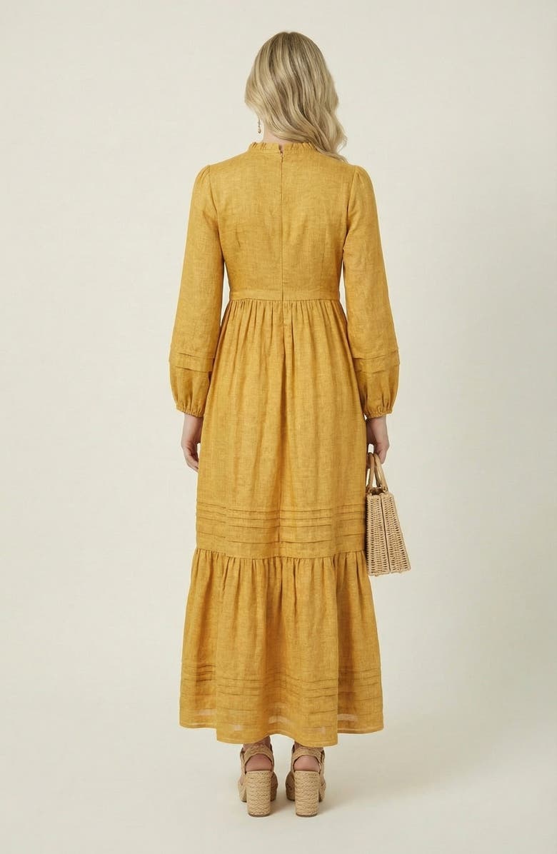 Modenaire Midi Shirred Neckline Tie Front Long Sleeve Tiered Hem Dress, Alternate, color, Mustard Yellow