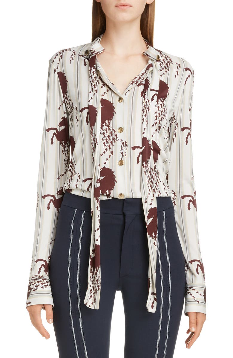 Chloé Horse Print Tie Neck Blouse, Main, color,