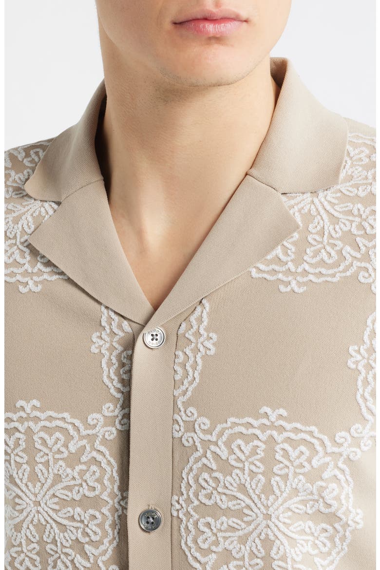 Gabriel Jacquard Cotton Blend Knit Camp Shirt, Alternate, color, CHAMPAGNE/ WHITE