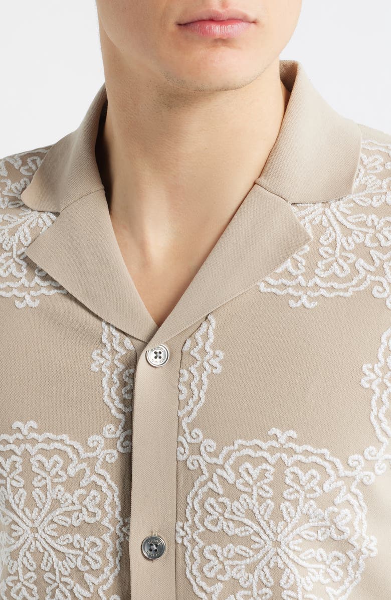 Reiss Gabriel Jacquard Cotton Blend Knit Camp Shirt, Alternate, color, Champagne/ White