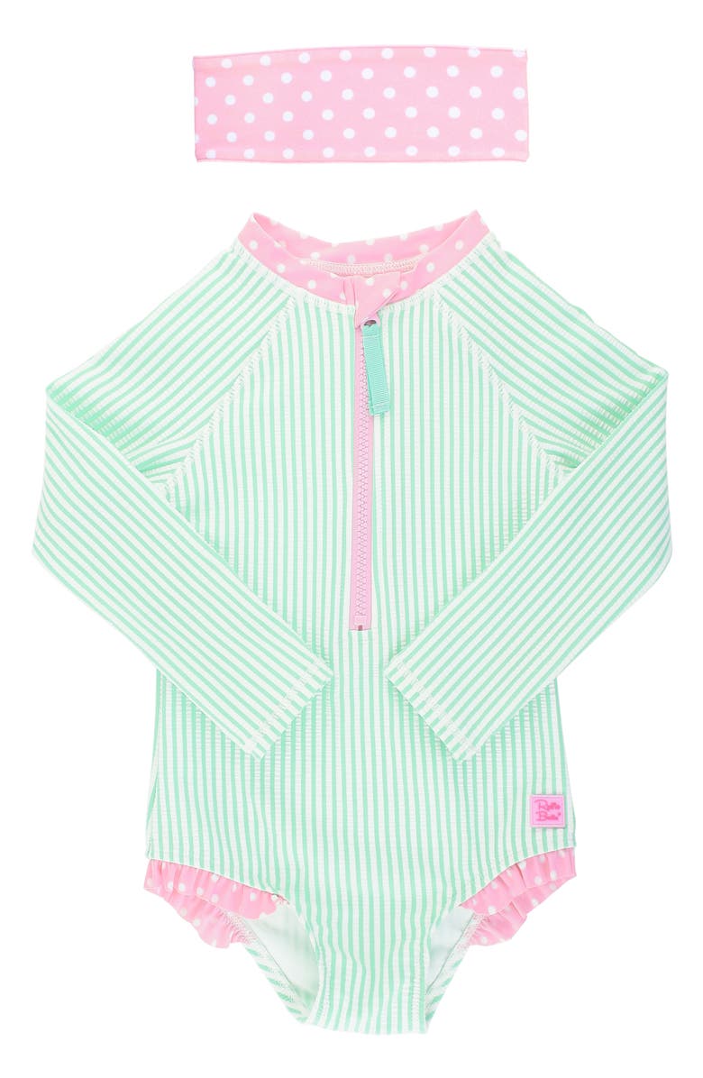 RuffleButts Seersucker One-Piece Rashguard Swimsuit 
Head Wrap Set, Main, color, 