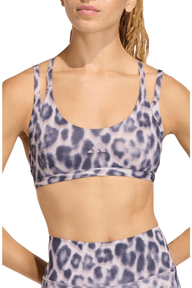 Optime Leopard Strappy Light Support Climacool Sports Bra, Main, color, ICE PURPLE/ FIG/ PRINT