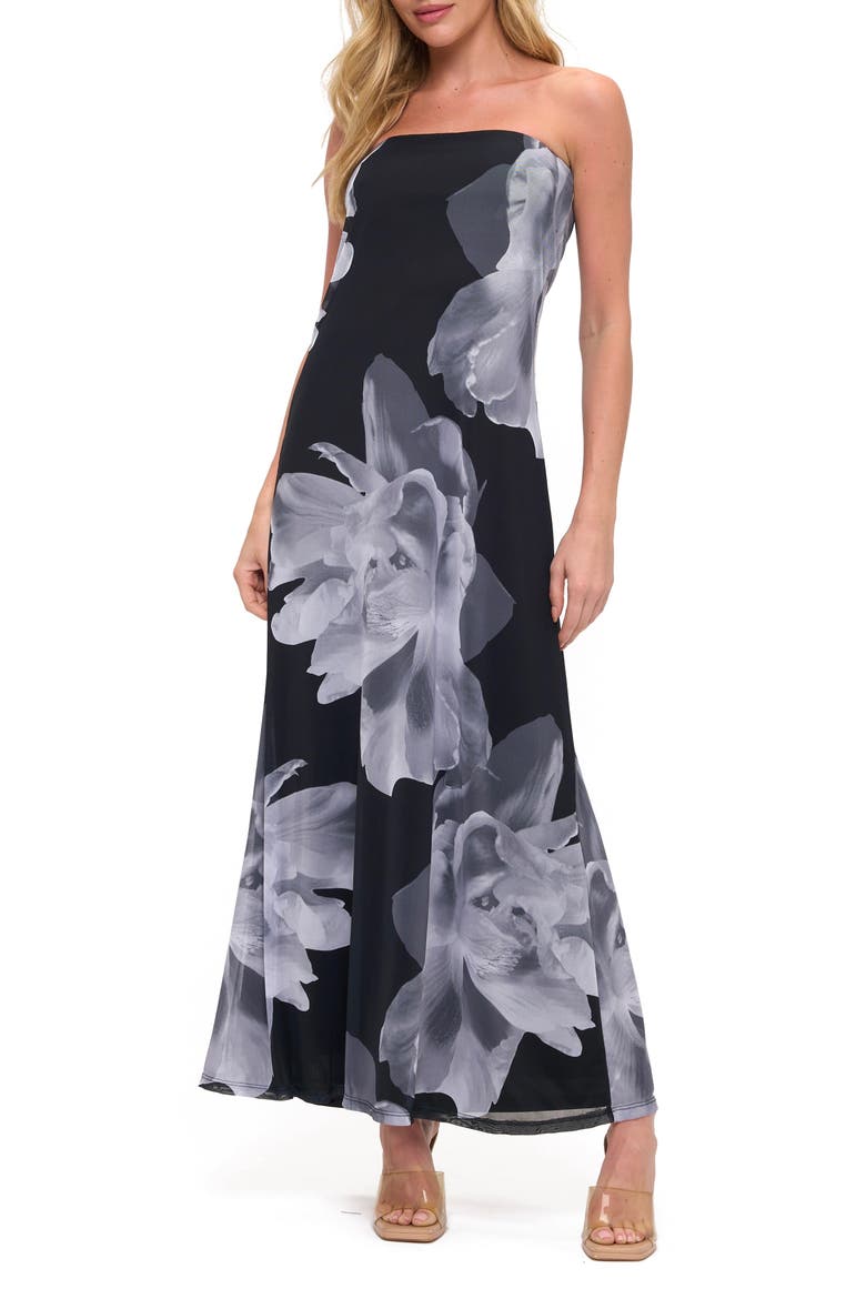 Floral Strapless Gown, Main, color, BLACK