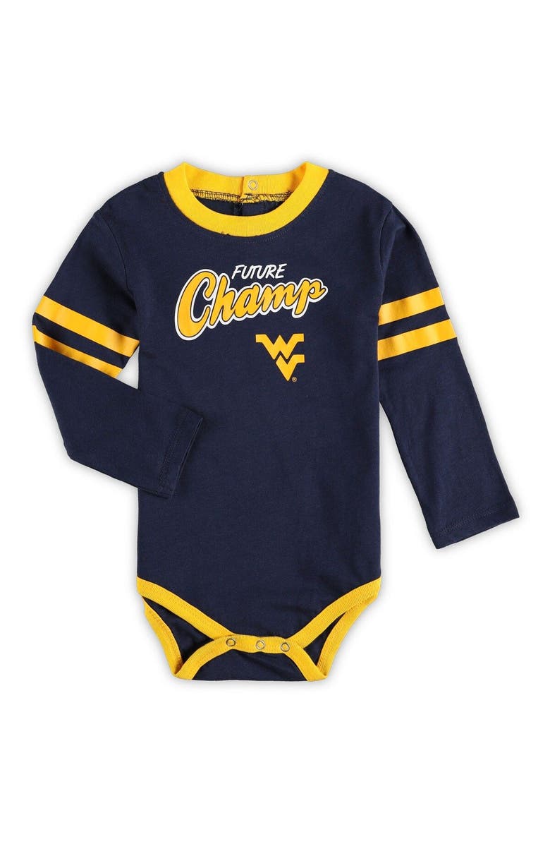 Outerstuff Infant Navy/Gold West Virginia Mountaineers Little Kicker Long Sleeve Bodysuit and Sweatpants Set, Alternate, color, 
