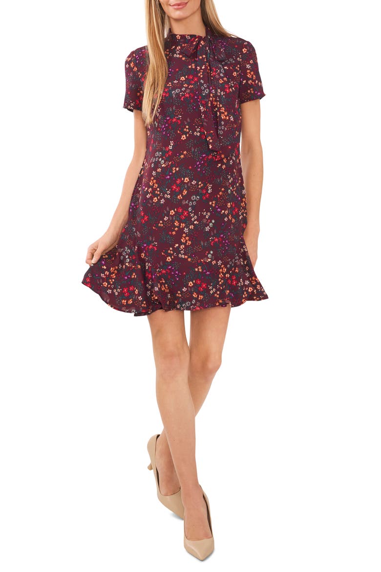 Godet Floral Tie Neck Cap Sleeve Shift Dress, Main, color, SPICED WINE