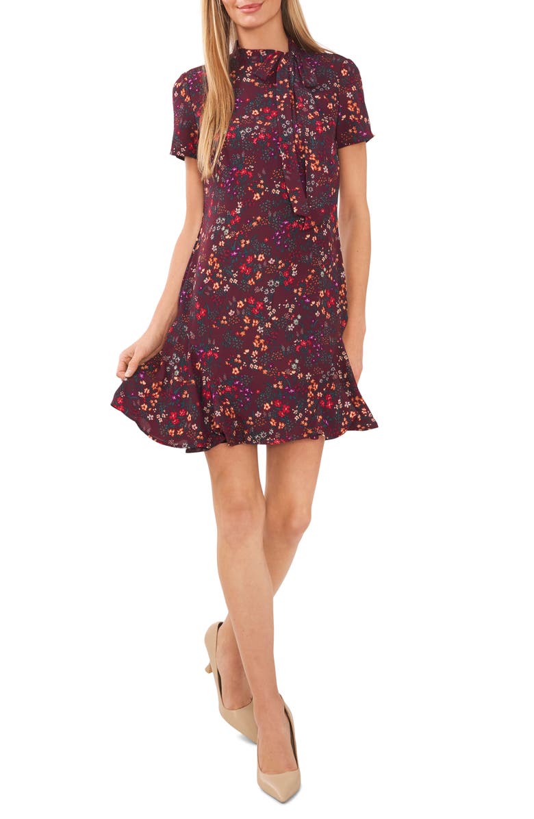 CeCe Godet Floral Tie Neck Cap Sleeve Shift Dress, Main, color, Spiced Wine