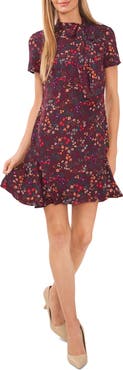 CeCe Godet Floral Tie Neck Cap Sleeve Shift Dress