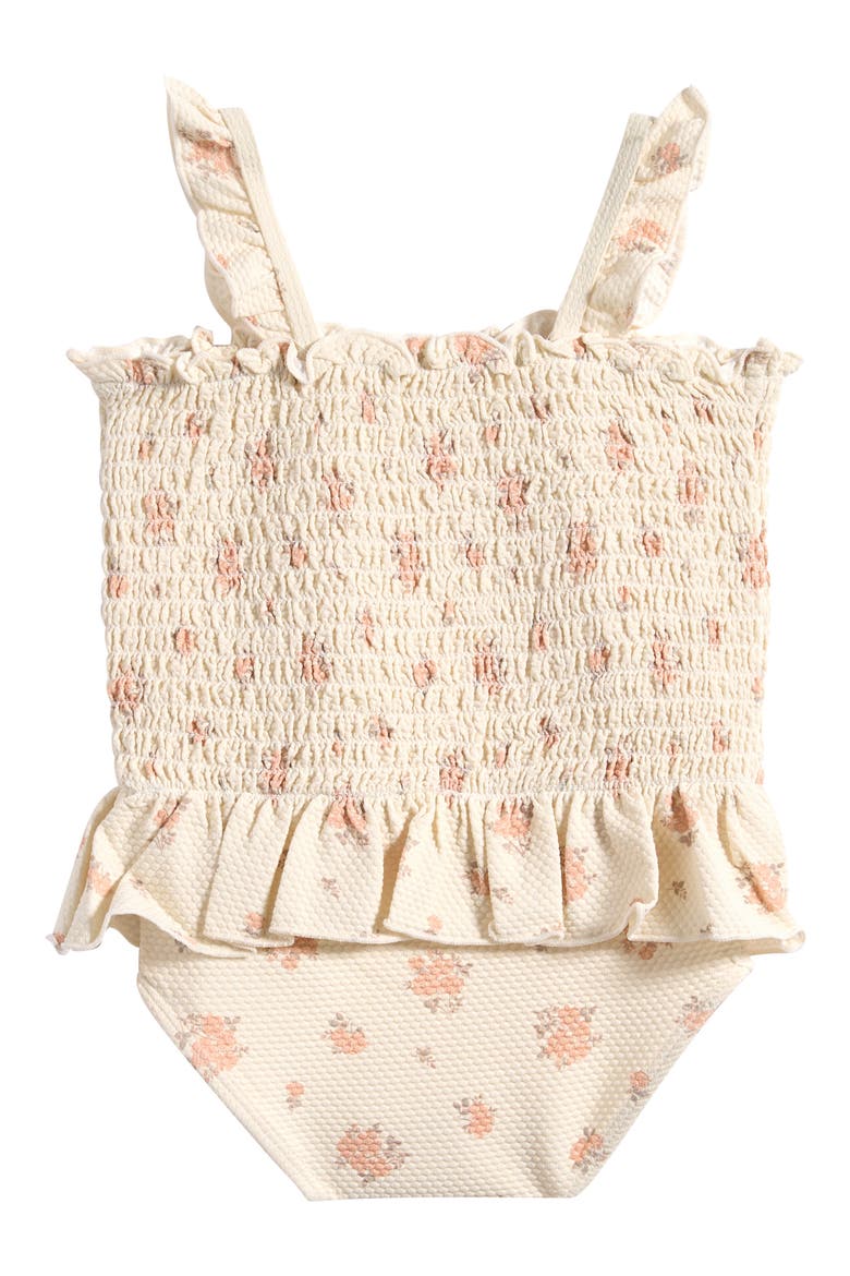 Ruffle Smocked Bodice Piqué One-Piece Swimsuit, Alternate, color, IVORY
