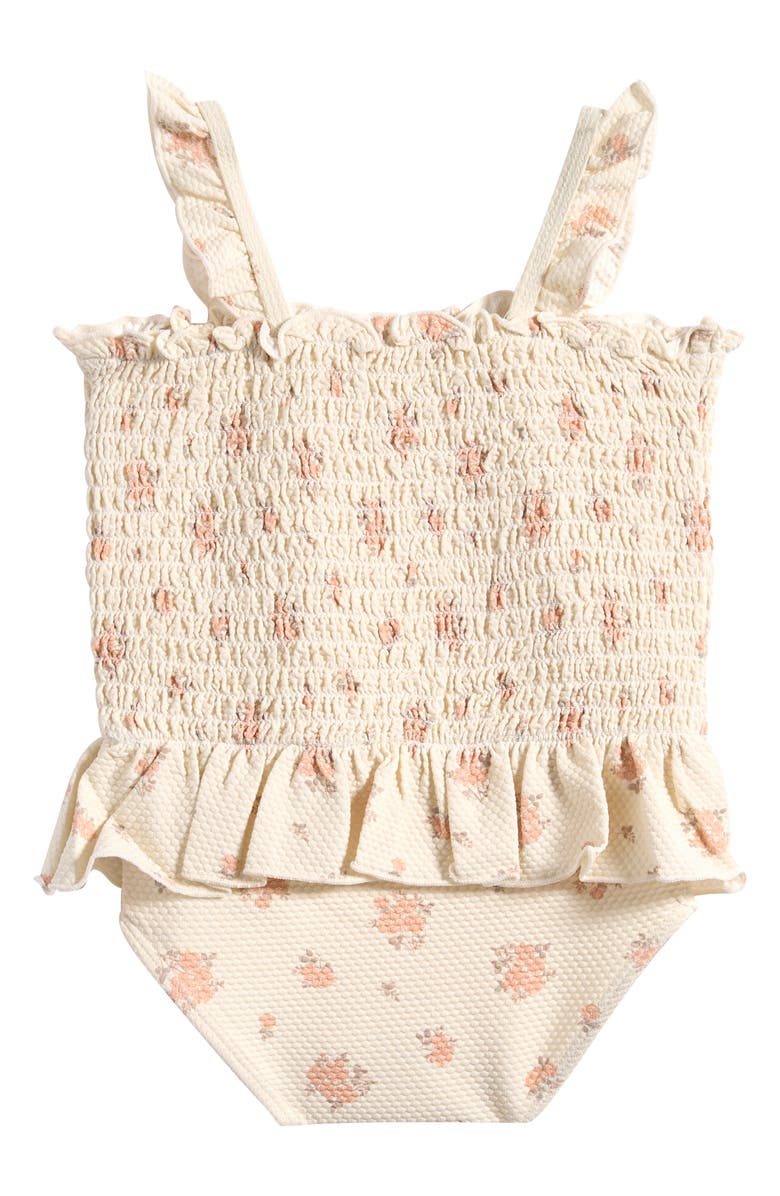 QUINCY MAE Ruffle Smocked Bodice Piqué One-Piece Swimsuit, Alternate, color, Ivory
