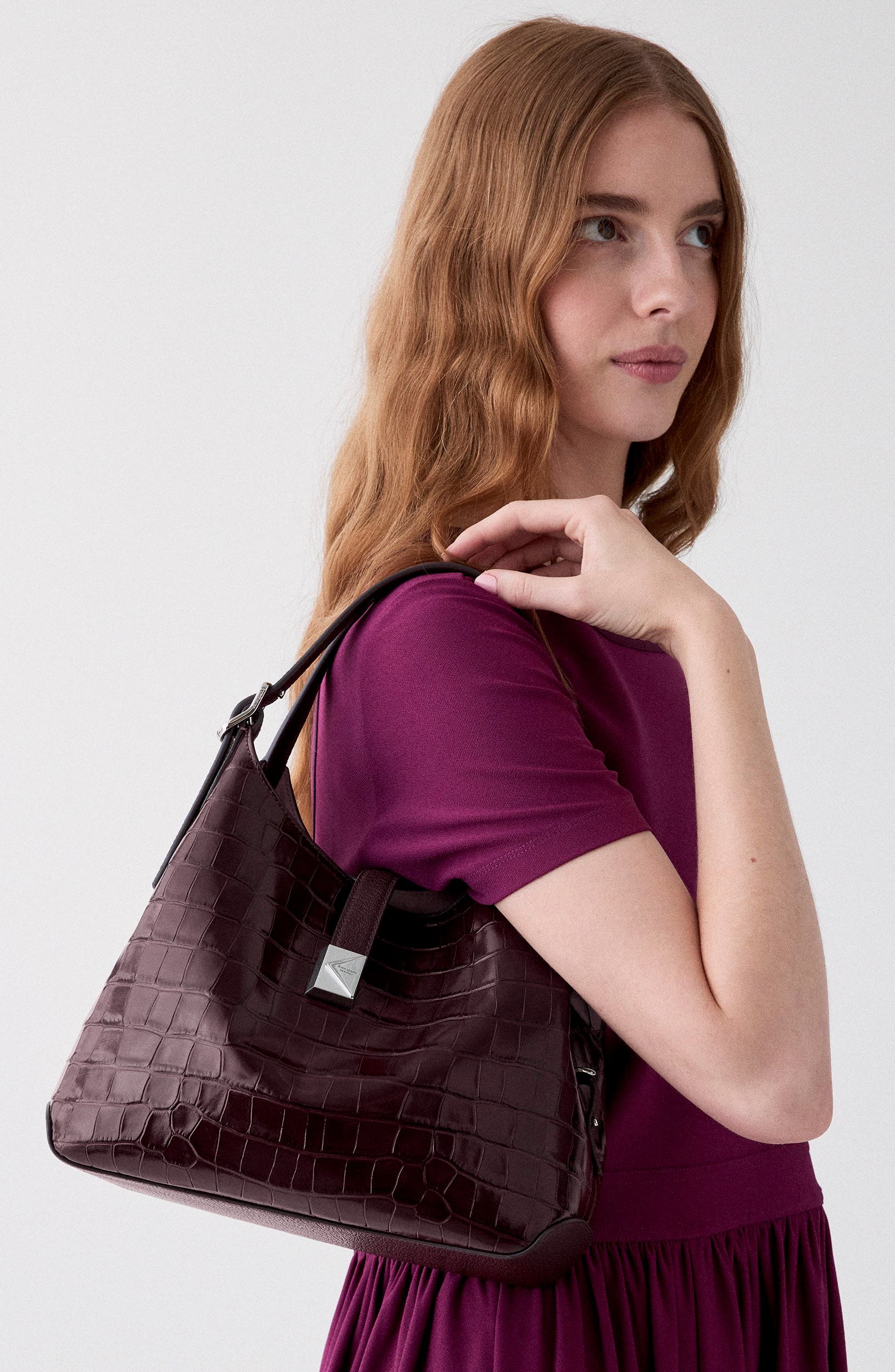 Deco Croc Embossed Leather Hobo Bag, Alternate, color, BLACKBERRY JAM