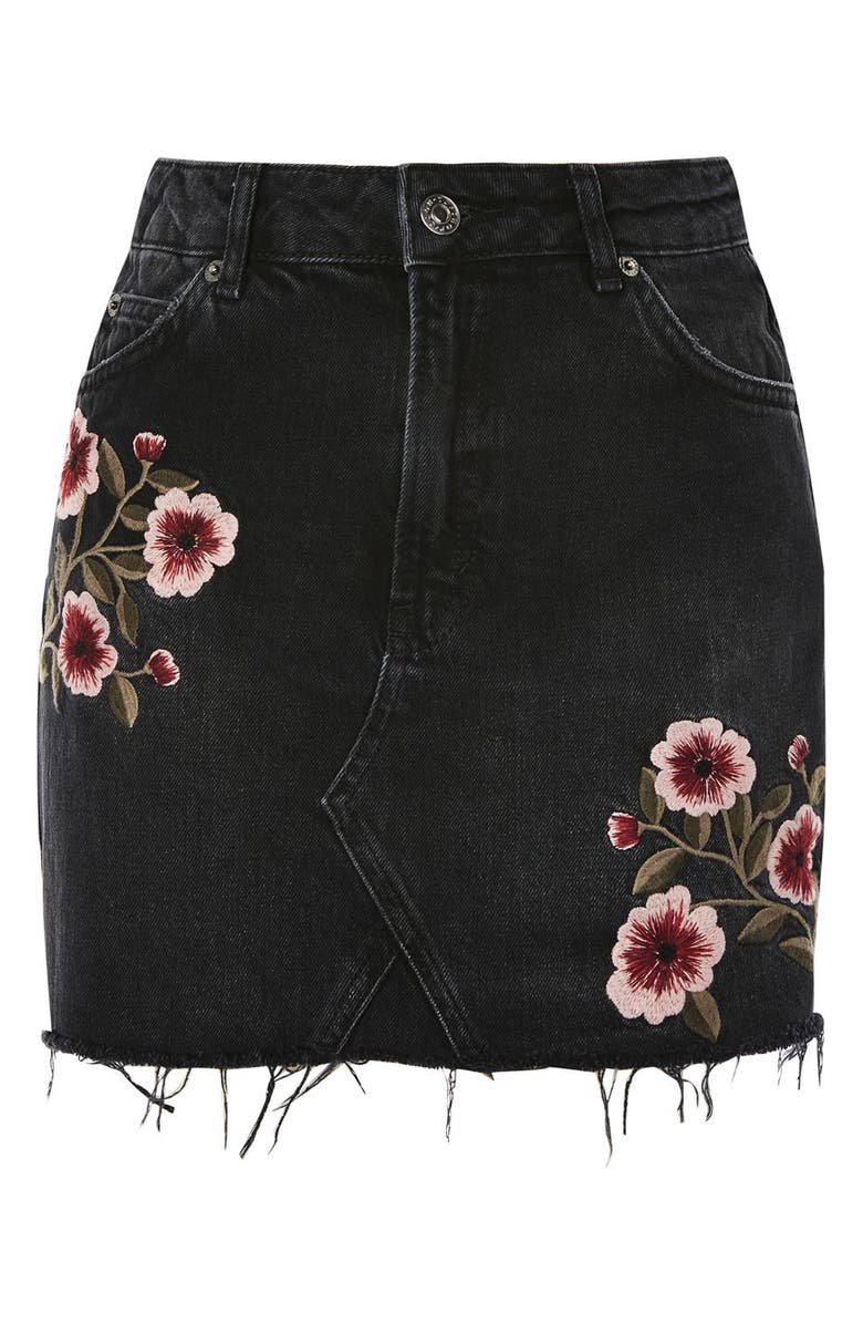 Topshop Embroidered Denim Miniskirt, Alternate, color,