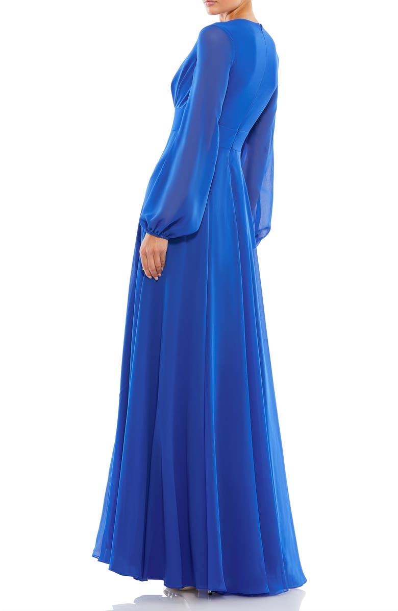 Mac Duggal V-Neck Illusion Long Sleeve Chiffon Gown, Alternate, color, Royal Blue