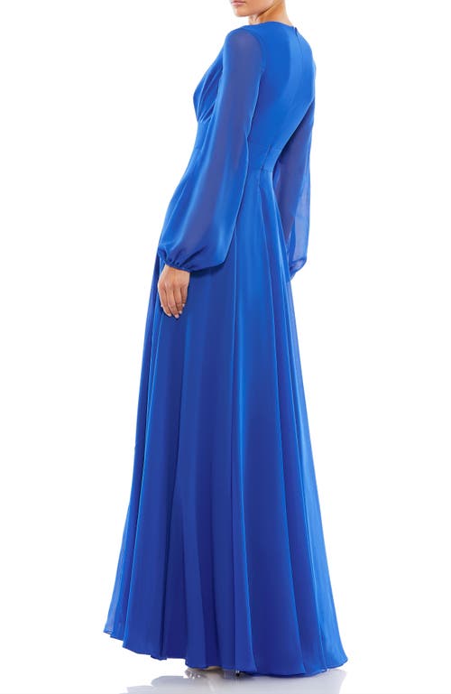 Mac Duggal V-neck Illusion Long Sleeve Chiffon Gown In Royal Blue