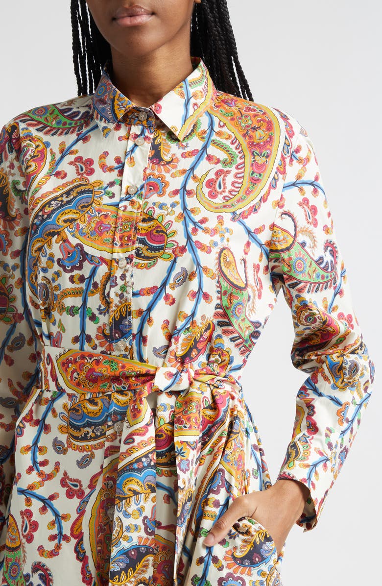 Etro Floral Paisley Belted Cotton Poplin Shirtdress, Alternate, color, Print On White Base