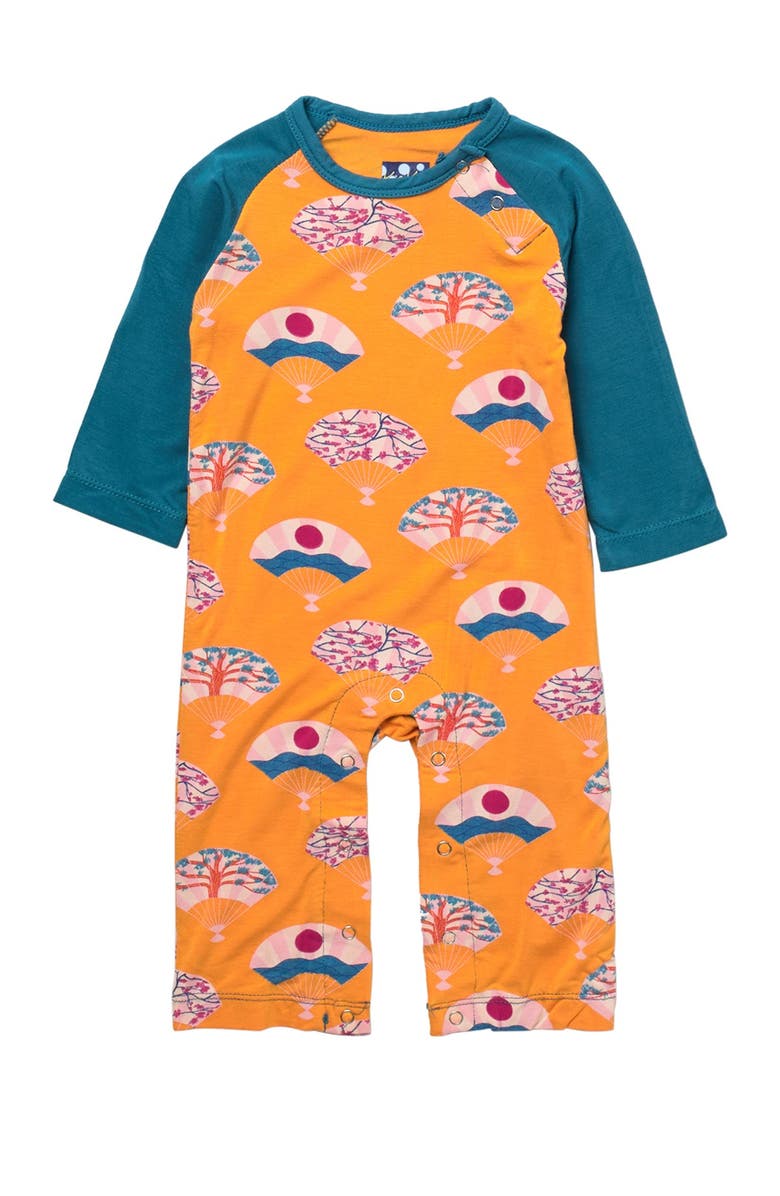 KicKee Pants Printed Long Sleeve Raglan Romper, Main, color, 