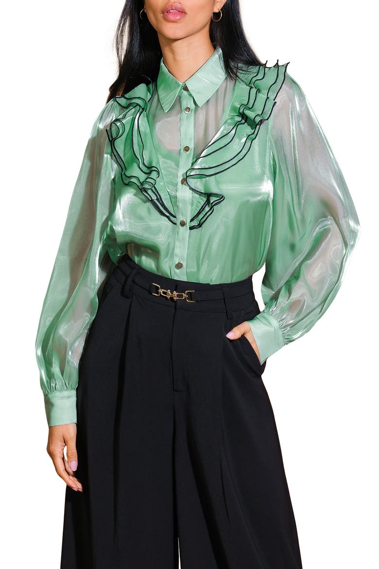 Ruffle Button-Up Shirt, Main, color, SAGE