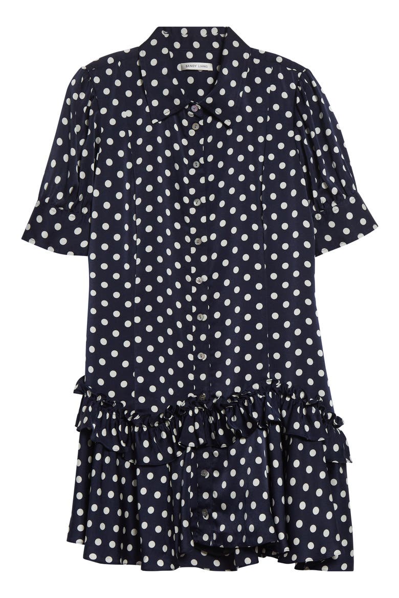 Snood Polka Dot Tiered Satin Shirtdress, Alternate, color, NAVY MULTI