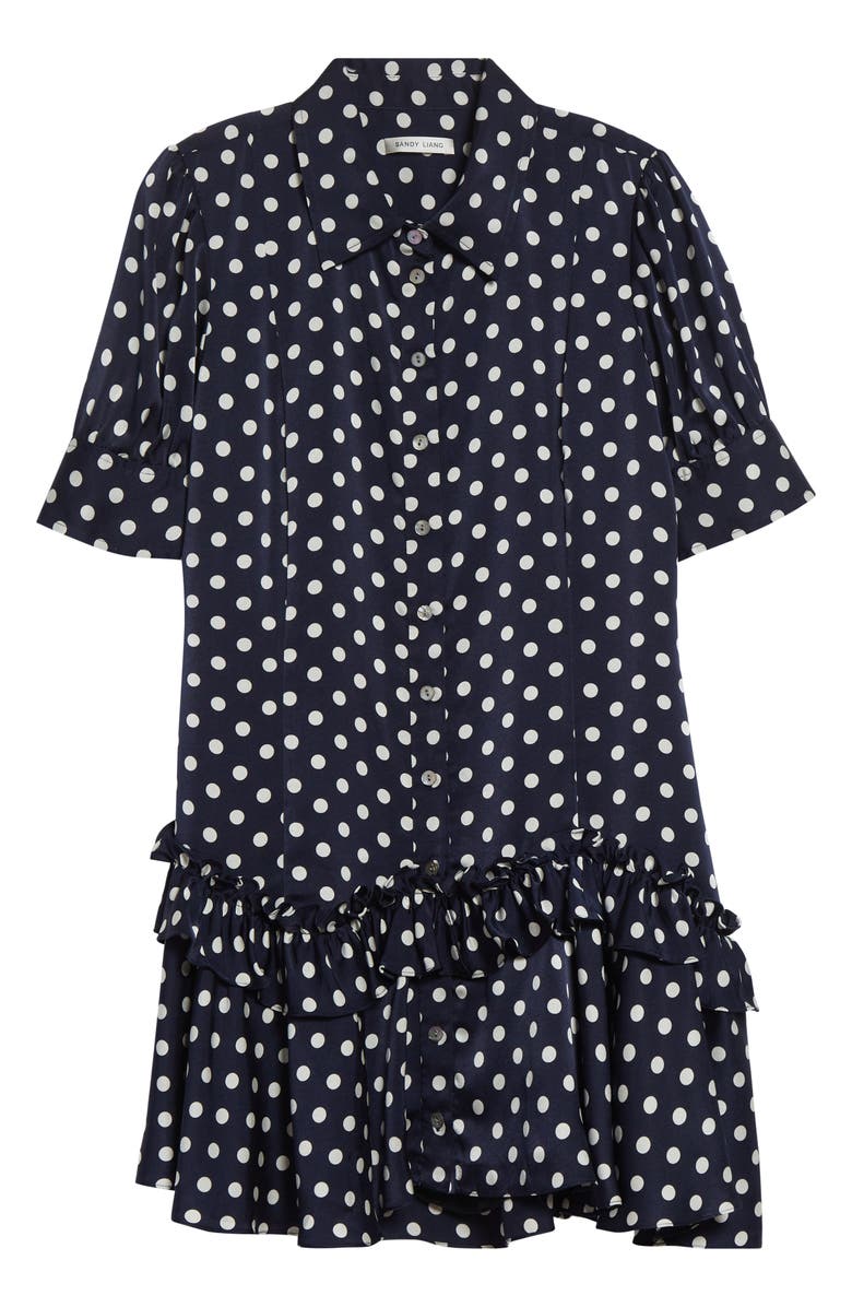 Sandy Liang Snood Polka Dot Tiered Satin Shirtdress, Alternate, color, Navy Multi