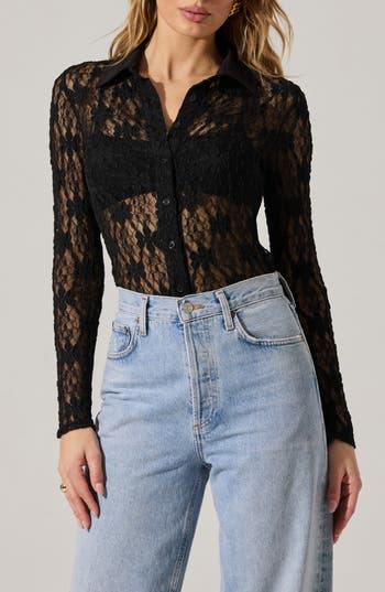 ASTR ASTR THE LABEL SHEER LACE LONG SLEEVE BUTTON-UP TOP